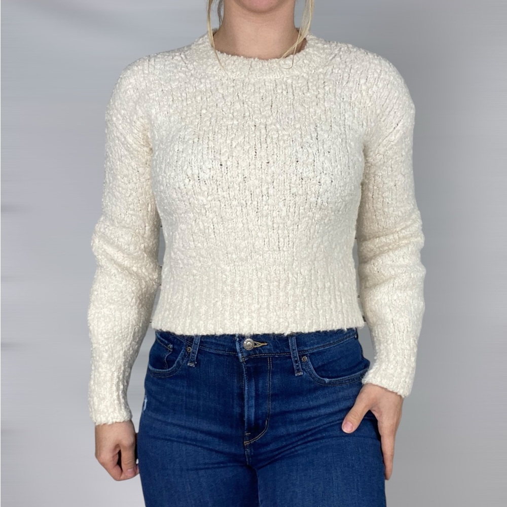 BANANA REPUBLIC Alpaca Wool Boucle Sweater Cream White Crewneck‎ Crop